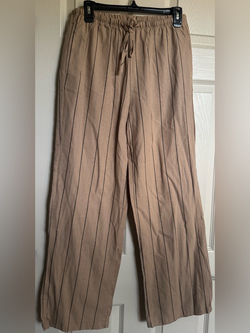NWT Drawstring Wide-Leg Pinstripe Pants in Taupe, Linen Pants, Various Sizes